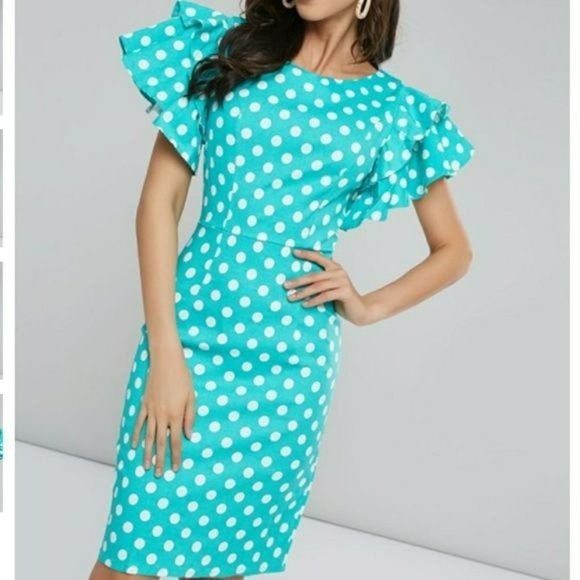 Sisjuly Dresses & Skirts - NWT Sisjuly Teal & White Polka Dot Bodycon Dress Size 2X